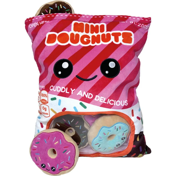 JollyPlush Großes Plüschkissen in Tütenform mit integrierten mini Donuts Plüschfiguren, ca. 50 cm
