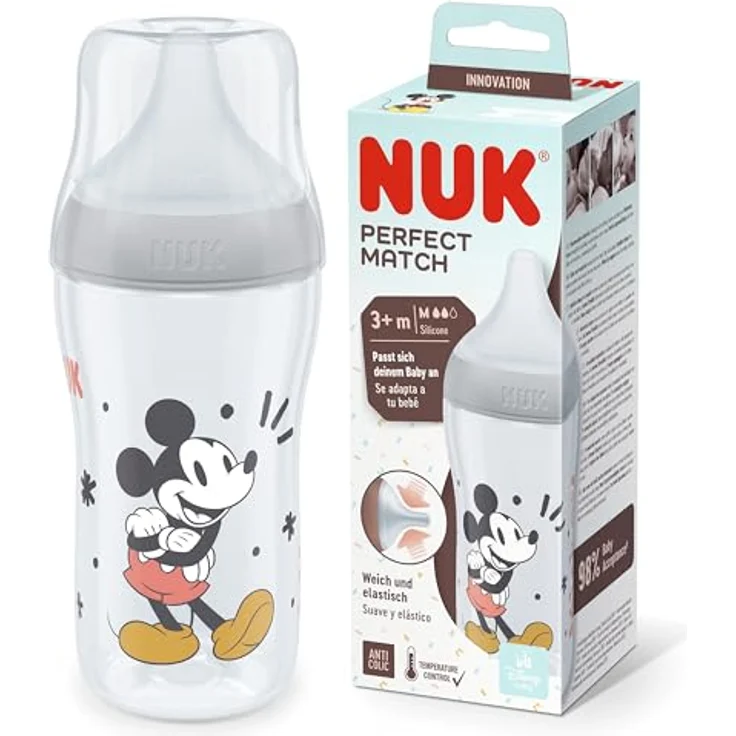 NUK Perfect Match Babyflasche | Ab 3 Monate | Passt sich dem Baby an | Temperature Control | Anti-Colic | 260 ml | BPA-frei | Silikontrinksauger, Medium | Disneys Micky Maus [grau] – Bild 1