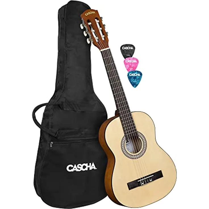 CASCHA Student Series Konzertgitarre 1/2 aus Edelholz Kombination-Gitarre Kinder& Erwachsene mit Nylon Saiten-Perfekt für Einsteiger geeignet-inkl. 3 Plektren& gepolsteter Tasche, Natur, matt, HH 2354