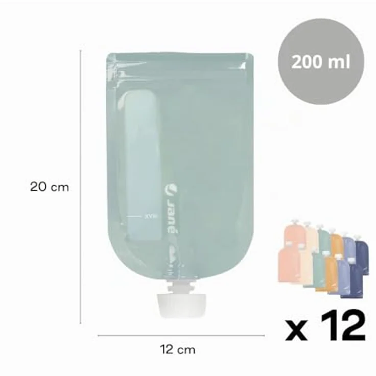 Jané Wiederverwendbare Quetschbeutel 200 ml, 12 Stück, BPA-frei, spülmaschinen- und gefriergeeignet, mit Sichtfenster – Bild 5
