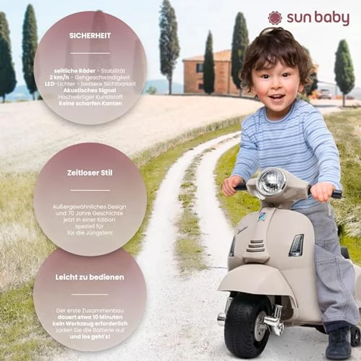 Sun Baby Vespa Kinderroller Elektroroller Kinder Elektrofahrzeug Kinderfahrzeug (Weiß) - Offiziell lizenzierter Vespa-Rutscher, max. Belastung 25 kg, EN71-zertifiziert – Bild 4