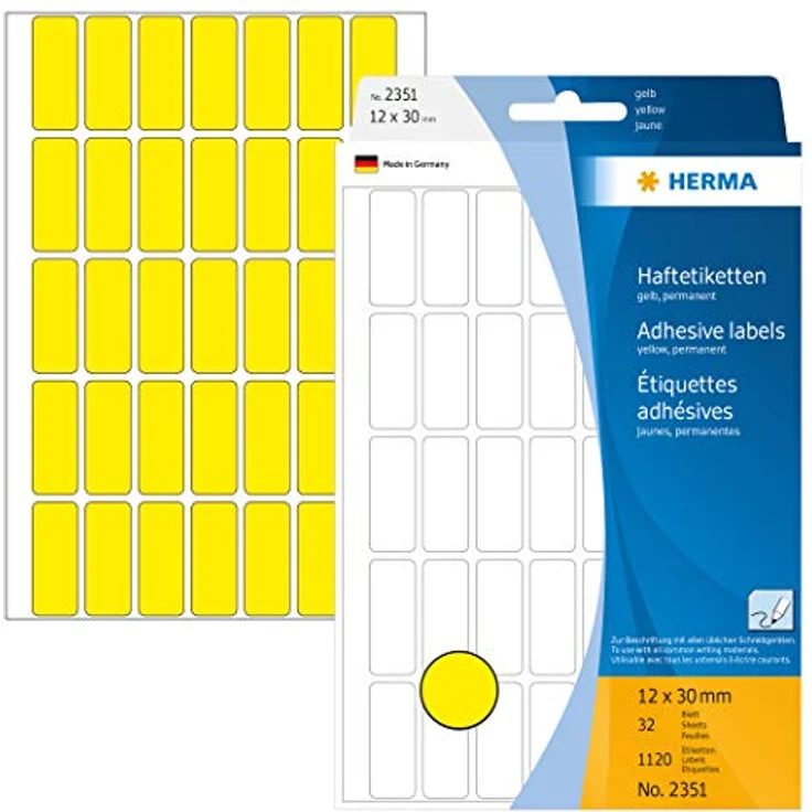 HERMA 2351 Etiketten gelb, 32 Blatt, 12 x 30 mm, 35 pro Bogen, 1120 Aufkleber, selbstklebend, Vielzweck Klebeetiketten zum Beschriften, Universal Haftetiketten aus Papier, blanko – Bild 1