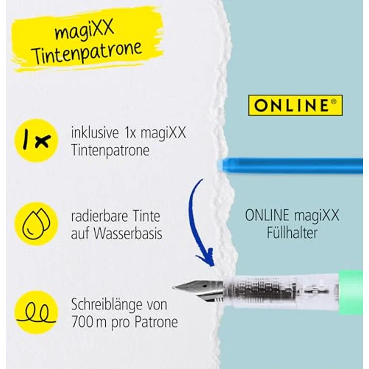 Online Pen Füllhalter magiXX Turquoise Dreams, radierbar mit ergonomischem Griffstück und recyclebaren Patronen – Bild 7