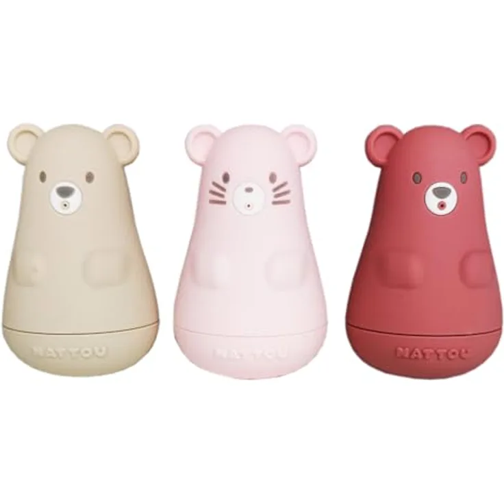 Nattou Spritzfiguren aus Silikon, 3 Badespielzeug-Tiere, BPA-frei, Pink/Beige/Rot