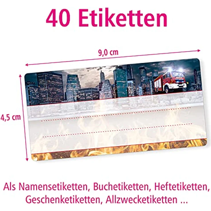 itenga 40x Buchetiketten Heftetiketten 9x4,5cm, selbstklebende Schulheft Etiketten mit Feuerwehr-Motiv, beschreibbar – Bild 2