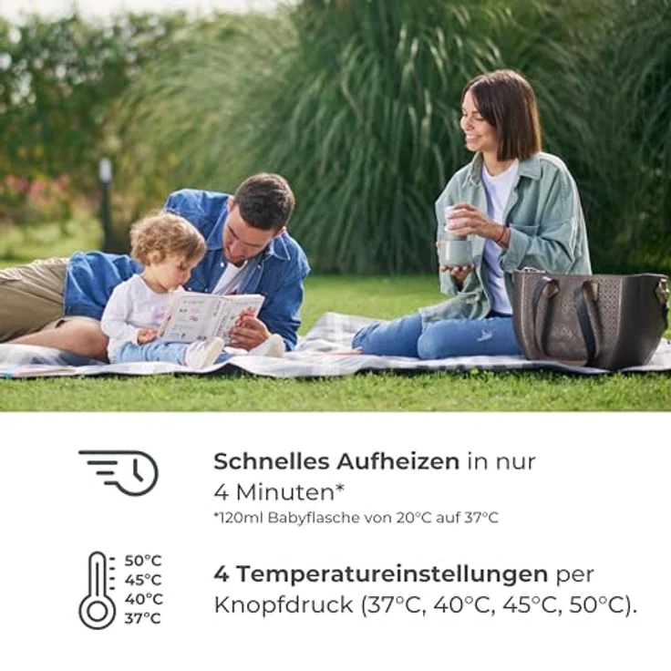 Nuvita 1163 Warm’n’Mix, Tragbarer Flaschenwärmer mit Heiz- und Mischfunktion, schnelles Aufheizen in 3 Minuten, 4 Temperatureinstellungen, universelle Kompatibilität mit 6 Adaptern – Bild 4