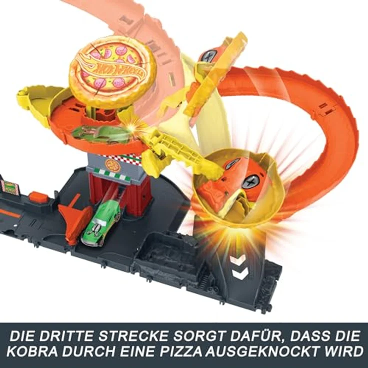 Hot Wheels Autorennbahn City Cobra Slam Pizza Attack, inkl. 1 Spielzeugauto mit spannenden Streckendetails und interaktivem Kobra-Element – Bild 5