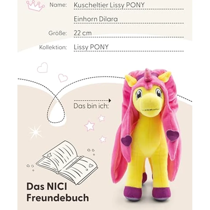 NICI Lissy PONY Einhorn Kuscheltier Dilara, 22cm, gelbes Plüsch mit pinker Mähne und Schweif, ideal zum Kuscheln und Spielen, tolle Geschenkidee - 49977 – Bild 5