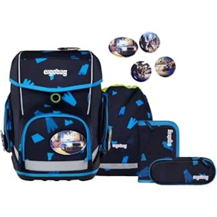 ergobag cubo Set 5-teilig, ergonomischer Schulrucksack für 1. Klasse, wasserfest, standfest, mit individuellen Kletties, für Jungen und Mädchen