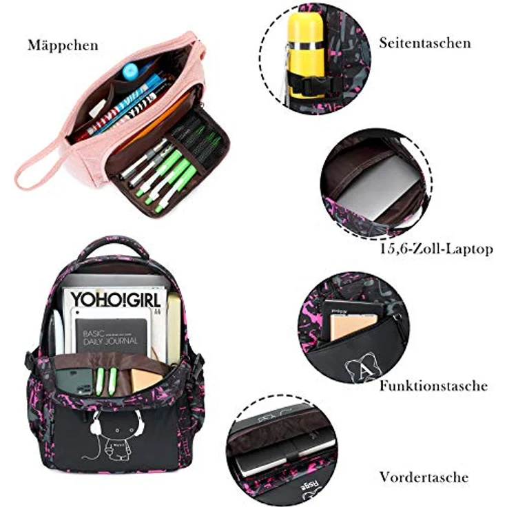 Asge Schulrucksack Mädchen, reflektierende Schultasche aus wasserabweisendem Oxford-Material, ergonomisches Design, inklusive Federmäppchen, ideal für Schule und Outdoor Aktivitäten – Bild 4