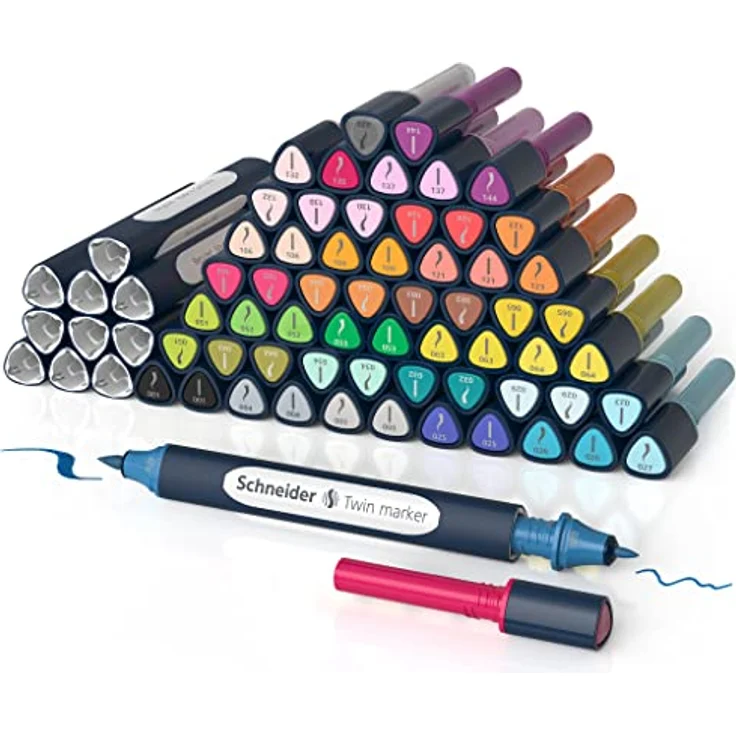 Schneider 040 Paint-It Twinmarker Komplettset (Brush Tip & 1,0 mm Rundspitze,farbintensive Tinte auf Wasserbasis,für die Anwendung auf Papier,Stifte aus 92% recyceltem Kunststoff) 72 Teile, mehrfarbig – Bild 1