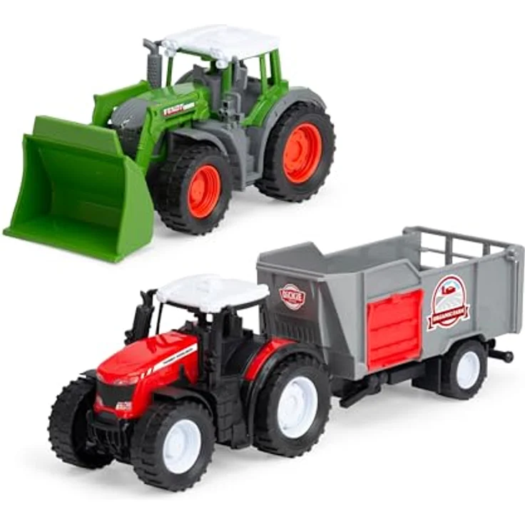 Dickie Toys Spielzeug-Traktor Farm Set, 3-tlg. mit Fendt und Massey Ferguson Traktor sowie Anhänger, für Kinder ab 3 Jahren, Freilauf und bewegliche Teile – Bild 3