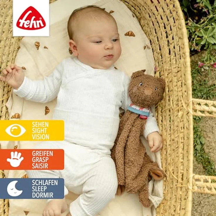 Fehn Schmusetuch Bär, kuscheliges Schnuffeltuch für Babys mit verschiedenen Stoffen zur Förderung von Tast- und Greifsinn – Bild 2