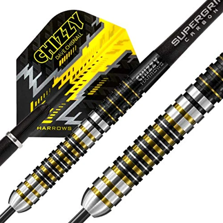Harrows Dave Chizzy Chisnall 90% Tungsten Darts, Pro Player Steel Tip Darts-Set mit Supergrip-Carbonschäften und 100-Mikron-Chizzy-Flights, Gewichte: 21g bis 26g, elegantes Design – Bild 3