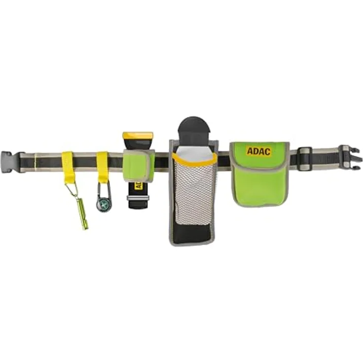 Happy People ADAC Neopren Abenteuergürtel, verstellbar 50-90 cm mit Signalpfeife, Karabiner, Trinkflaschenhalter, Kompass, Taschenlampenhalterung, grau/grün/gelb, für 8+ Jahre
