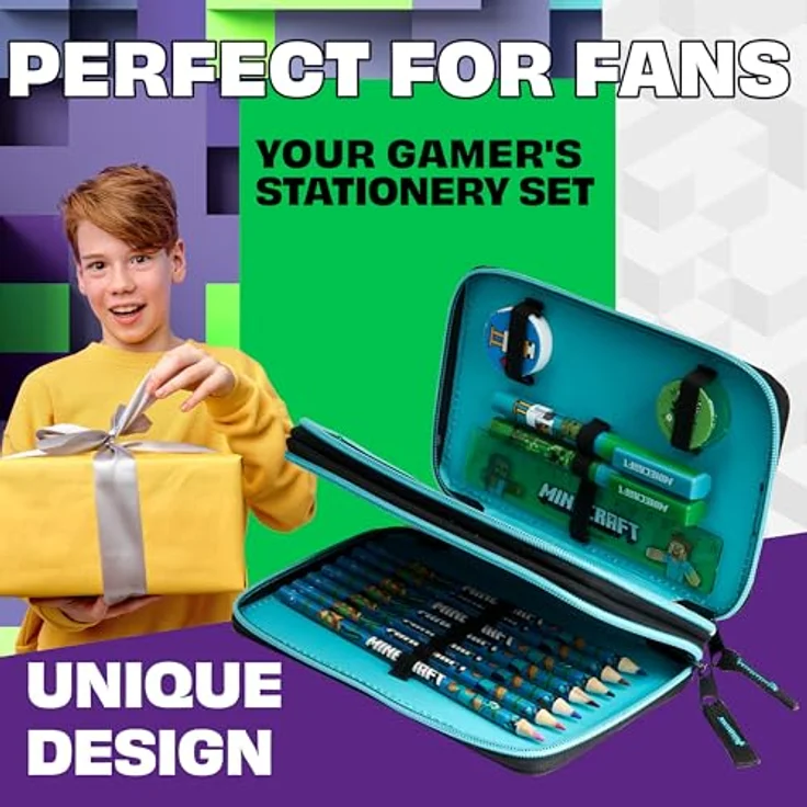 Minecraft Federmäppchen Gefüllt, cooles Mäppchen mit Schreibwaren für Schule und Freizeit, Blau/Schwarz – Bild 3