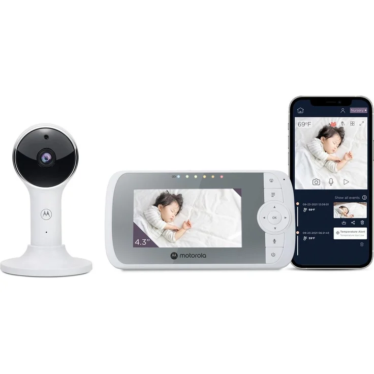Motorola VM64 Connect EU, Babyphone mit Kamera, 4,3 Zoll HD-Display, WLAN, bis zu 300 m Reichweite, Nachtsicht, Weiß