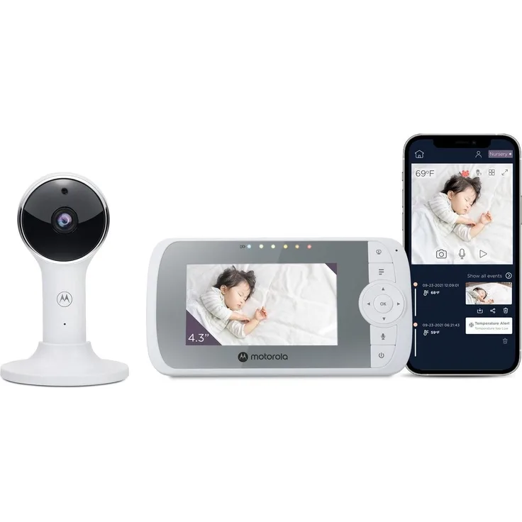 Motorola VM64 Connect EU, Babyphone mit Kamera, 4,3 Zoll HD-Display, WLAN, bis zu 300 m Reichweite, Nachtsicht, Weiß