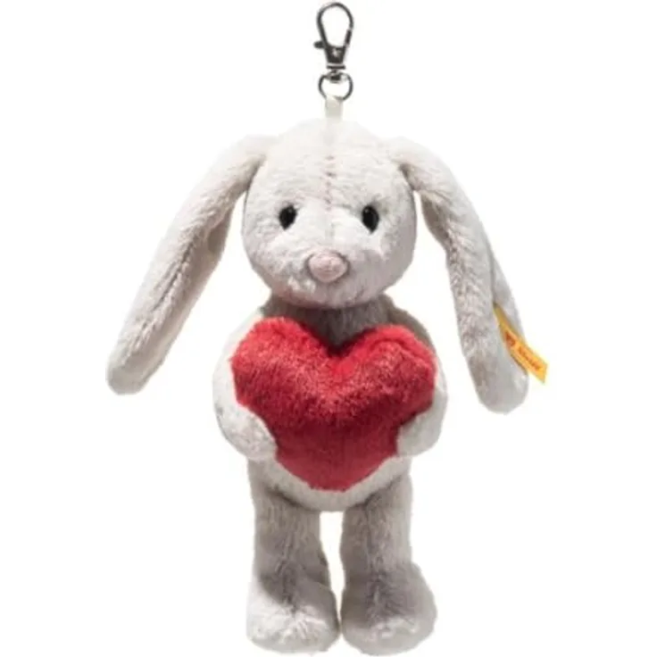Steiff Plüsch Schlüsselanhänger Hase Hoppie Love, 15 cm, hellgrau mit rotem Herz, maschinenwaschbar bis 30°C