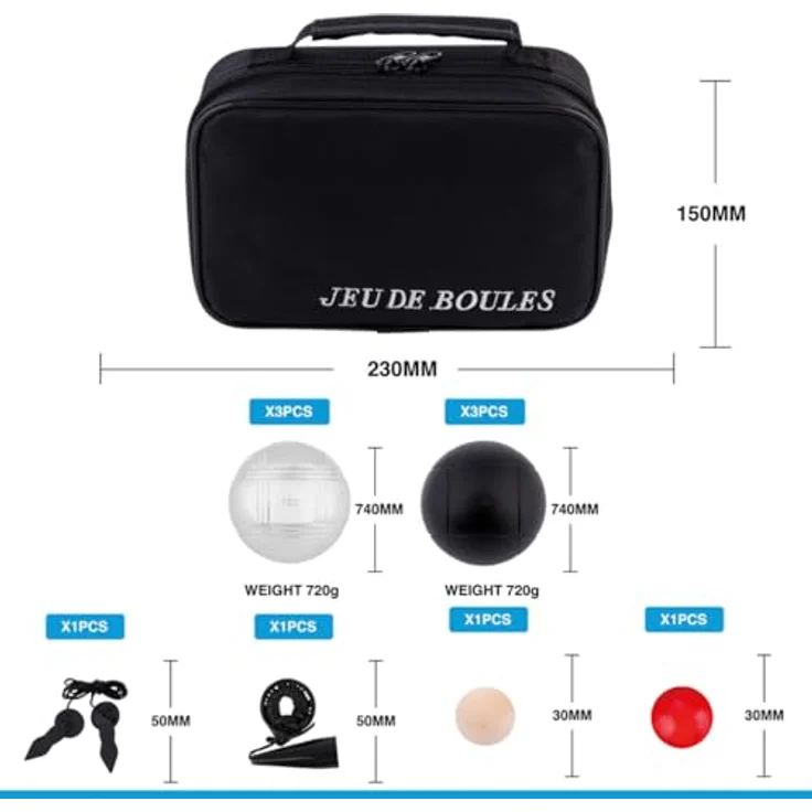 Engelhart Boule Set 6-Teilig, Metall Kugeln Schwarz/Silber mit Tasche, Zubehör für Petanque und Boccia – Bild 2