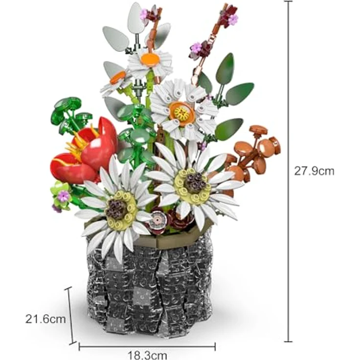 Mould King 24107 Blumen-Baustein-Set, DIY-Modell mit flexiblen Sonnenblumen, Tulpen und Gänseblümchen in Vase, 1157 Teile – Bild 2