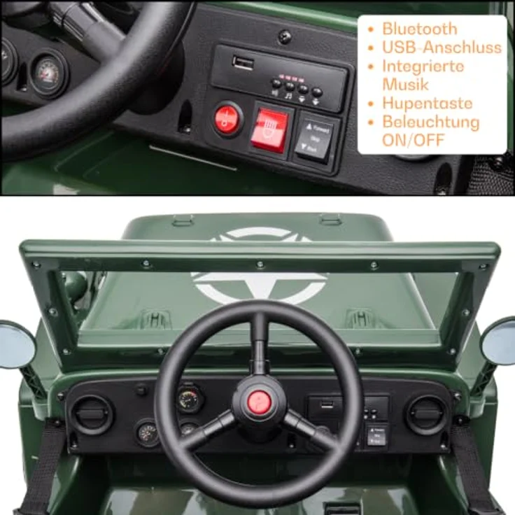 Kijana Willys Elektro-Armeeauto für Kinder 12V - Grün, mit 2 Motoren, Soft-Start-Funktion, MP3-Player und elterlicher Fernbedienung – Bild 7