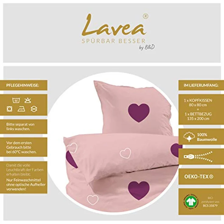 Lavea Bettwäsche Set - Emilia 135 x 200cm + 80 x 80cm. Design: Herzen - Farbe: Rosa-Bordeaux 100% Baumwolle. Hochwertig mit Reißverschluss. GOTS/Bio Zertifiziert. – Bild 4