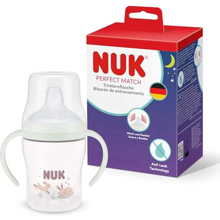 NUK Perfect Match Trinklernflasche, 150 ml, Auslaufsicher, rutschfeste Griffe, leuchtet im Dunkeln, Kaninchen, für 6+ Monate