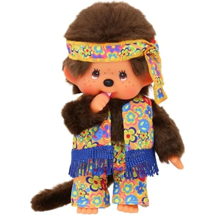 Monchhichi Plüschfigur Hippie Junge mit Kopfband 20 cm Monchhichi Puppe, weiches braunes Fell, Kunststoffgesicht, Nuckel-Erkennungsmerkmal – Bild 2