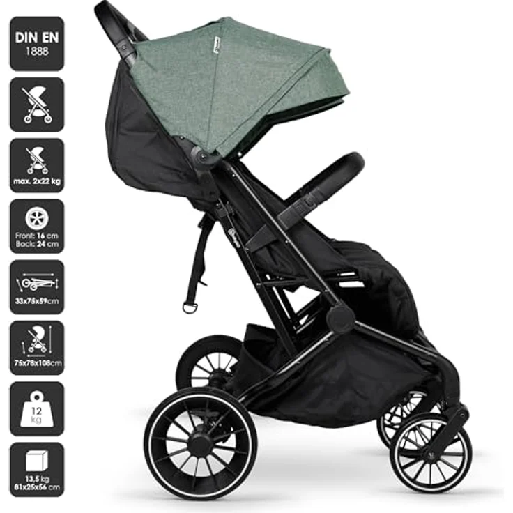BABYGO Geschwisterbuggy GOTWICE - Zwillingskinderwagen für 2 Kinder - Grün, mit einzigartiger Sitz- und Liegefunktion – Bild 2