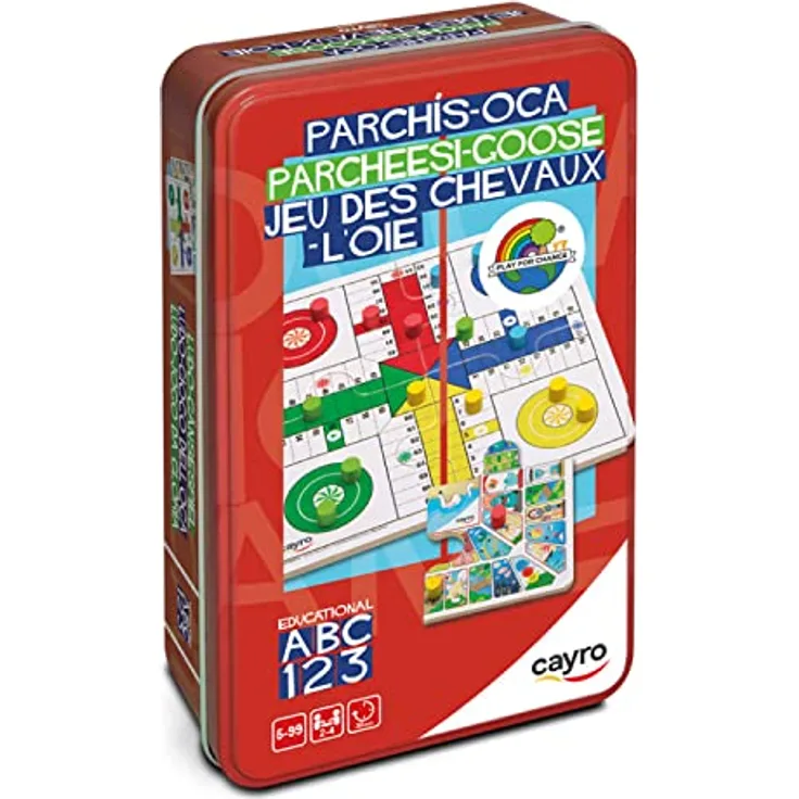 Cayro Parcheesi und Gans, Brettspiel in Metallbox für 2-4 Spieler, ab 5 Jahren, Holzbrett mit Tassen und Chips