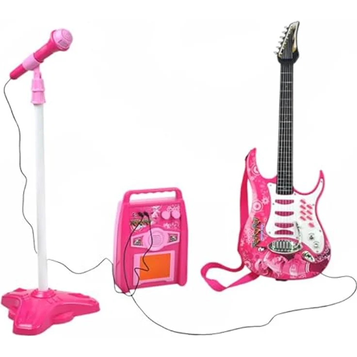 ISO TRADE Spielzeug-Musikinstrument Rosa E-Gitarre mit Mikrofonständer und Verstärker, MP3-Eingang, blinkende Lichter und Lautstärkeregelung, Spar-Set 1-tlg. – Bild 4