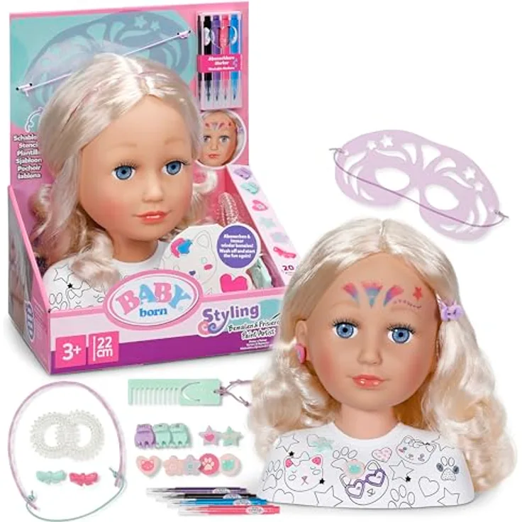 BABY Born Stylingkopf Kreativ, Frisieren und Bemalen mit abwaschbaren Markern, über 20 Accessoires