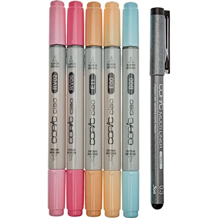 COPIC Ciao Marker 5+1 Set "Manga 7", 5 alkoholbasierte Allround-Layoutmarker mit einer mittelbreiten und einer Brush-Spitze, inkl. 1 Multiliner 0,3 mm