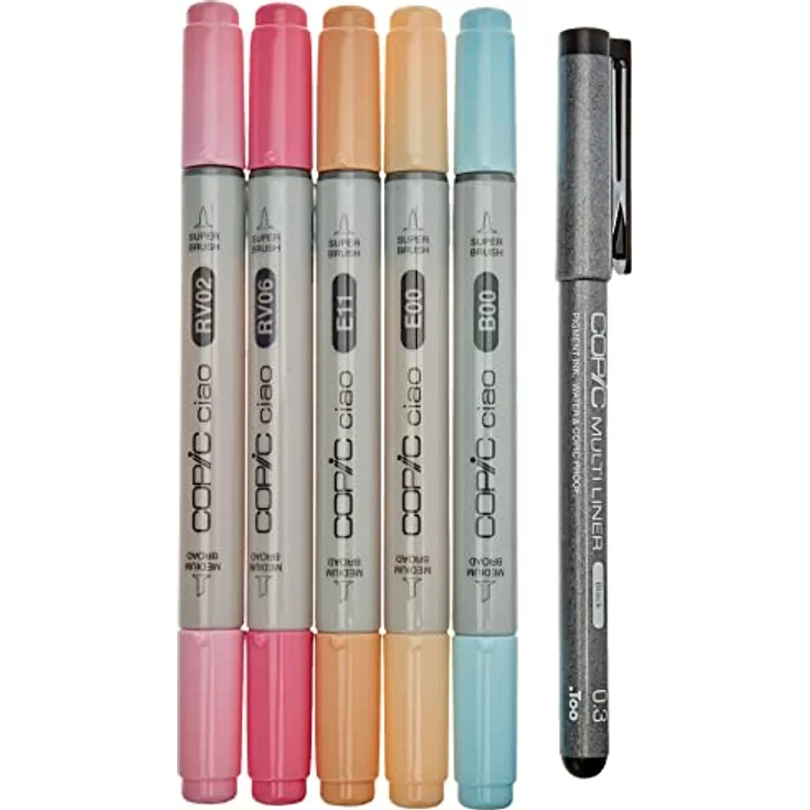 COPIC Ciao Marker 5+1 Set "Manga 7", 5 alkoholbasierte Allround-Layoutmarker mit einer mittelbreiten und einer Brush-Spitze, inkl. 1 Multiliner 0,3 mm – Bild 1