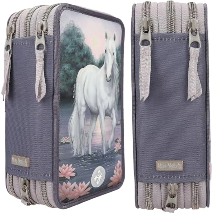 Depesche 12947 Miss Melody - Gefüllte 3-Fach Federtasche in Lila, mit LED, Seerosen und Pferde Motiv, Federmappe mit Buntstiften, Lineal, Schere uvm.  – Bild 3