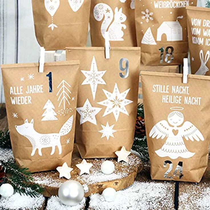 PAPIERDRACHEN Extravaganter Adventskalender zum Befüllen - mit 24 braunen Geschenktüten und 24 Zahlenaufklebern - Motiv Waldtiere weiß - zum Basteln und Verschenken - Weihnachten & Advent – Bild 5