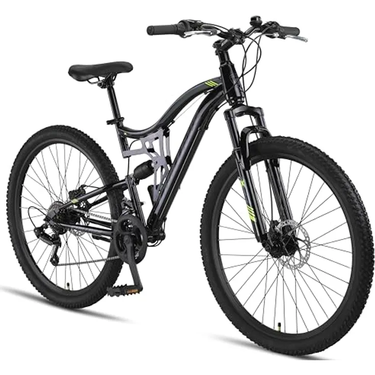 Chillaxx Bike Falcon Premium Mountainbike in 24 und 26 Zoll - Fahrrad für Jungen, Mädchen, Damen und Herren - Scheibenbremse- 21 Gang-Schaltung - Vollfederung (Schwarz-Disc-Bremse, 27,5 Zoll)