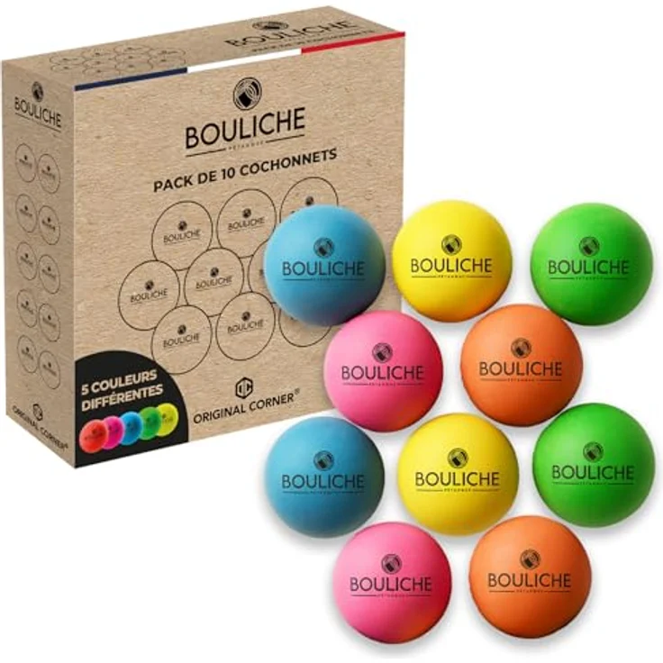 Original Corner BOULICHE | 10 Holz-Zielkugeln für Pétanque 3 cm | 5 Leuchtende Farben: Blau, Gelb, Grün, Pink, Orange | Robustes Massivholz | Zubehör für Freizeit und Wettkampf – Bild 1