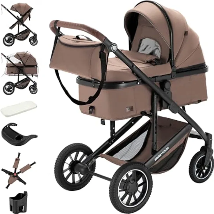 Daliya FLEXI-PRO M 2in1 Kombikinderwagen, leicher klappbarer Buggy mit Liegefunktion, höhenverstellbar, großem Einkaufskorb und Wetterschutz, Beige-Rosa Leinen