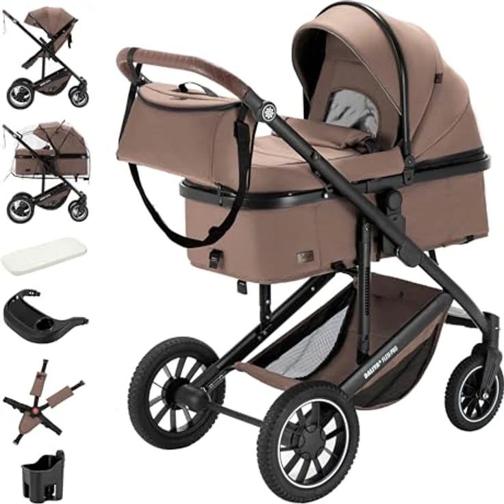 Daliya FLEXI-PRO M 2in1 Kombikinderwagen, leicher klappbarer Buggy mit Liegefunktion, höhenverstellbar, großem Einkaufskorb und Wetterschutz, Beige-Rosa Leinen – Bild 1