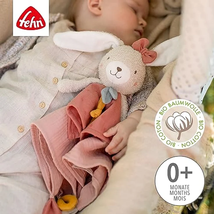 Fehn Schmusetuch Hase fehnNATUR - Spielkamerad & Stofftier-Schnuffeltuch mit Baumwolle aus kontrolliert biologischem Anbau (kbA) mit Schnuller-Befestigung - für Babys & Kleinkinder ab 0+ Monaten – Bild 3