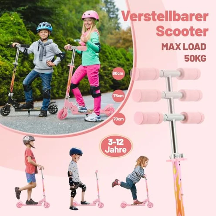 TENBOOM Kinder Scooter, Klappbar und höhenverstellbar, mit 2 LED leuchtenden Rädern, Tretroller für 3-10 Jahre, Aluminiumrahmen, hintere Bremse – Bild 2