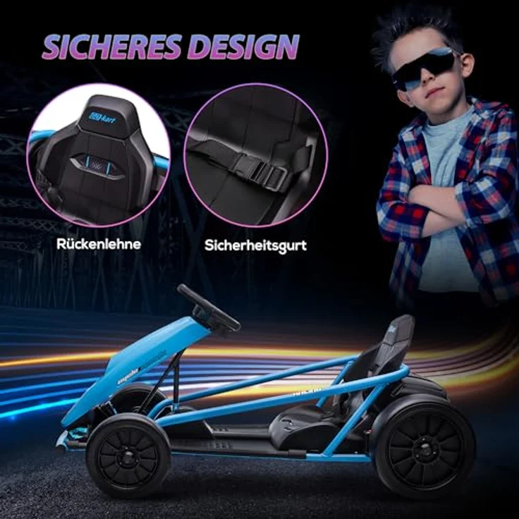 HOMCOM Kinder Elektro Gokart 24 V Drift Kart mit Langsamem Start, Musik, Hupe und Sicherheitsgurt, Kinderfahrzeug für 8-12 Jahre Kinder, Blau – Bild 6