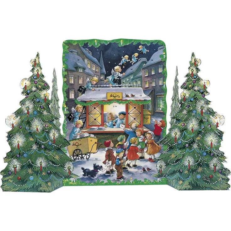 Korsch Adventskalender "Engelchens Postamt", dreidimensionaler Falt-Adventskalender mit nostalgischem Silberglimmer und ausklappbaren Weihnachtsbäumchen