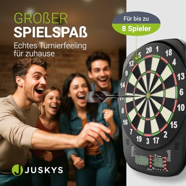 Juskys Elektronische Dartscheibe DART32, 32 Spiele & 359 Varianten, LCD-Display, USB-C, bis zu 8 Spieler, inkl. 18 Pfeilen & Zubehör, Netz- & Batteriebetrieb – Bild 2