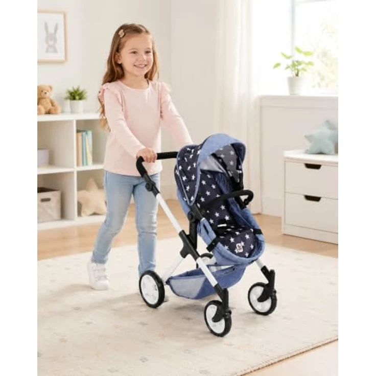Bayer Chic 2000 Puppenwagen Mila, 2in1 Kombi-Puppenwagen, beidseitig steckbar, ergonomisch höhenverstellbarer Schiebegriff, Sternchen Navy – Bild 5