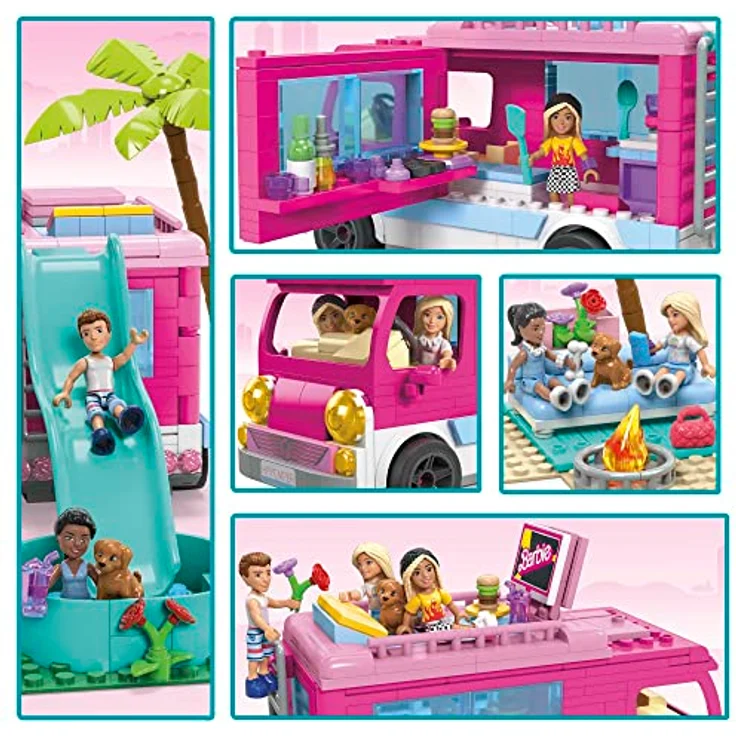 BARBIE Traumwohnmobil - Bauspielzeug mit Bett auf dem Dach, komplett ausgestatteter Küche und Zubehör für Kleidung und Essen, 4 kleinen Barbie-Puppen und 1 Hündchen, für Kinder ab 6 Jahren, HPN80 – Bild 5
