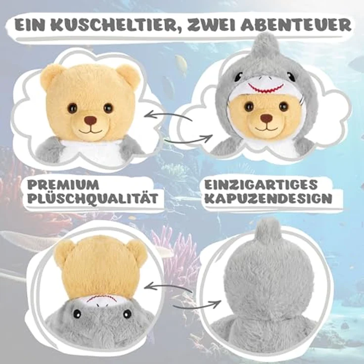 BRUBIES Teddy Hai 25 cm, Teddybär im Haikostüm mit abnehmbarer Kapuze, extra weiches Plüschmaterial, grau – Bild 3