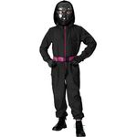 Maskworld Korean Game Offizier Kostüm für Kinder, Schwarzer Overall mit pinkfarbenem Reißverschluss, Größe 140, für Karneval und Halloween
